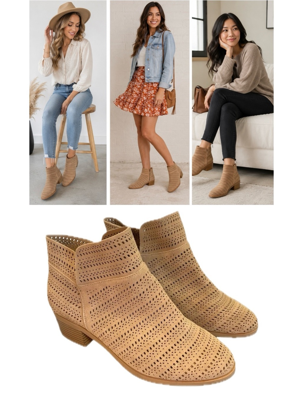NWOB In Every Story tan brown suede laser cut ankle boots size 9